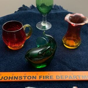 Pilgrim Green Elephant, Amberina Demi-Cup & Mini-Vase = 3 Rare Vintage  Pieces